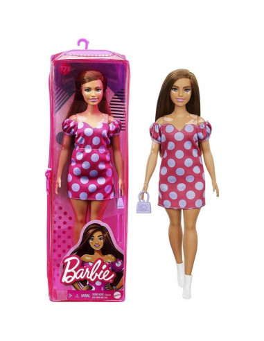 Papusa Barbie Fashionistas - Barbie satena cu rochie roz cu buline